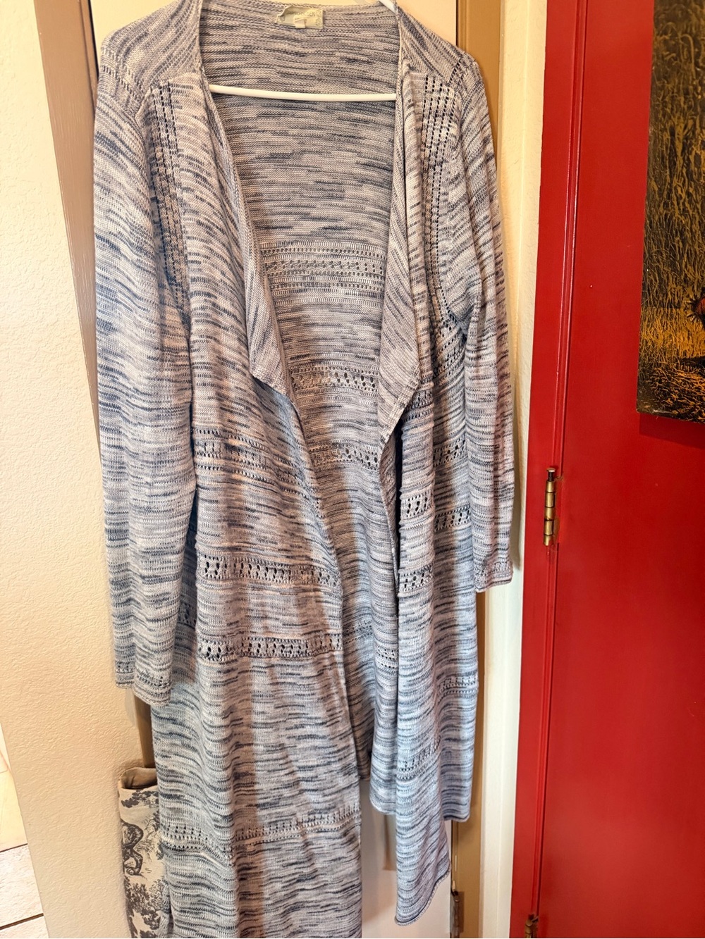 Sigrid Olsen Open-Front Heathered Gray and Blue Long Cardigan